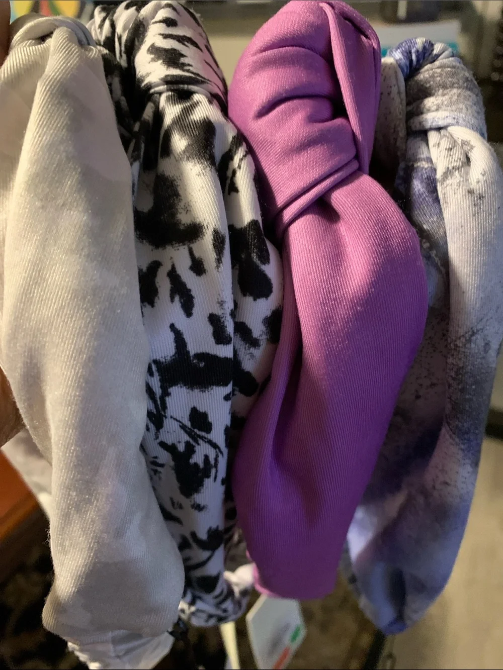 Set of 4 Knotted Headbands in White, Black Print, Purple & Marble